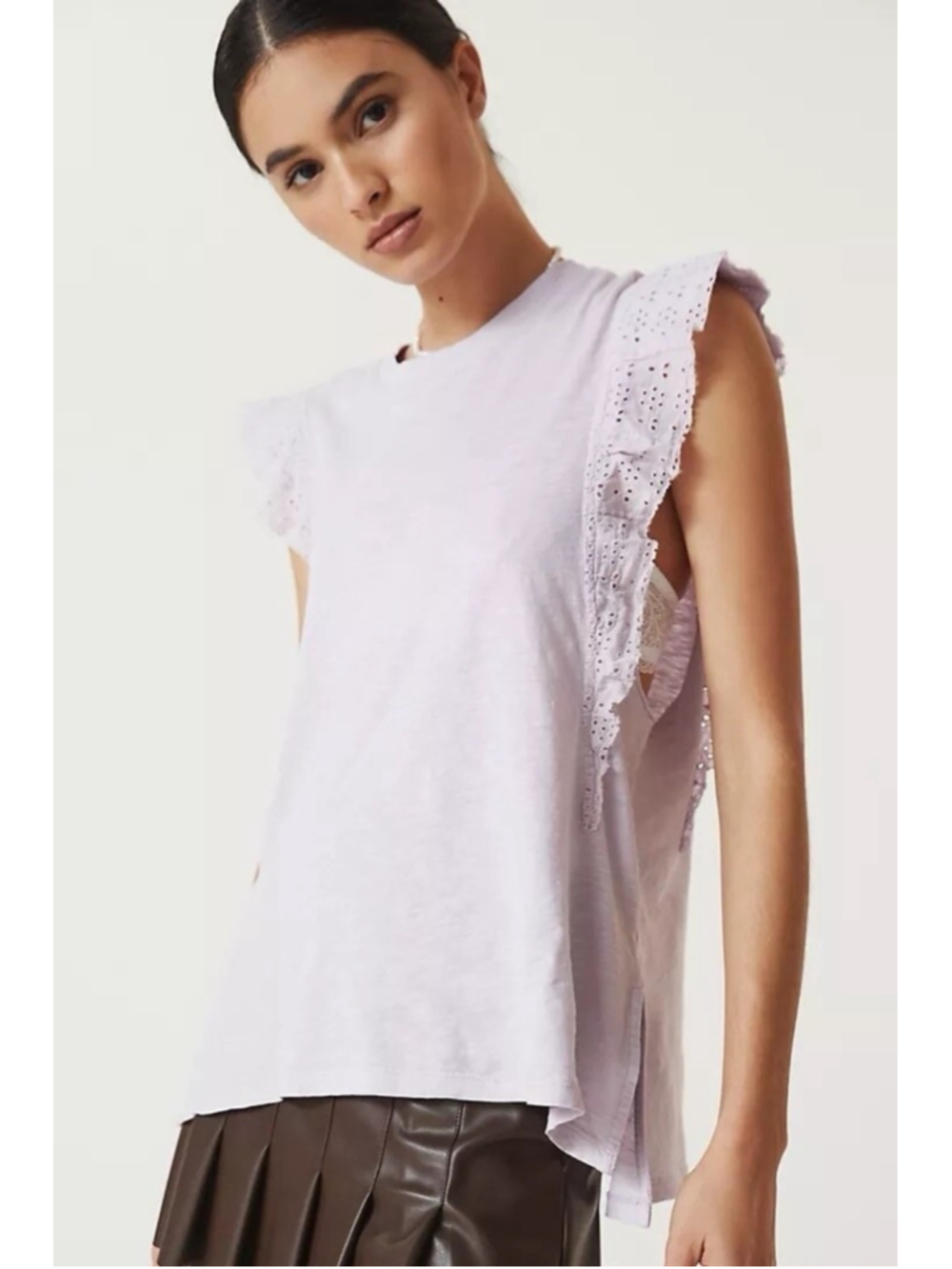 Anthropologie Pilcro Lavender Sustainable Ruffle Sleeved Tee Top Cotton Boho